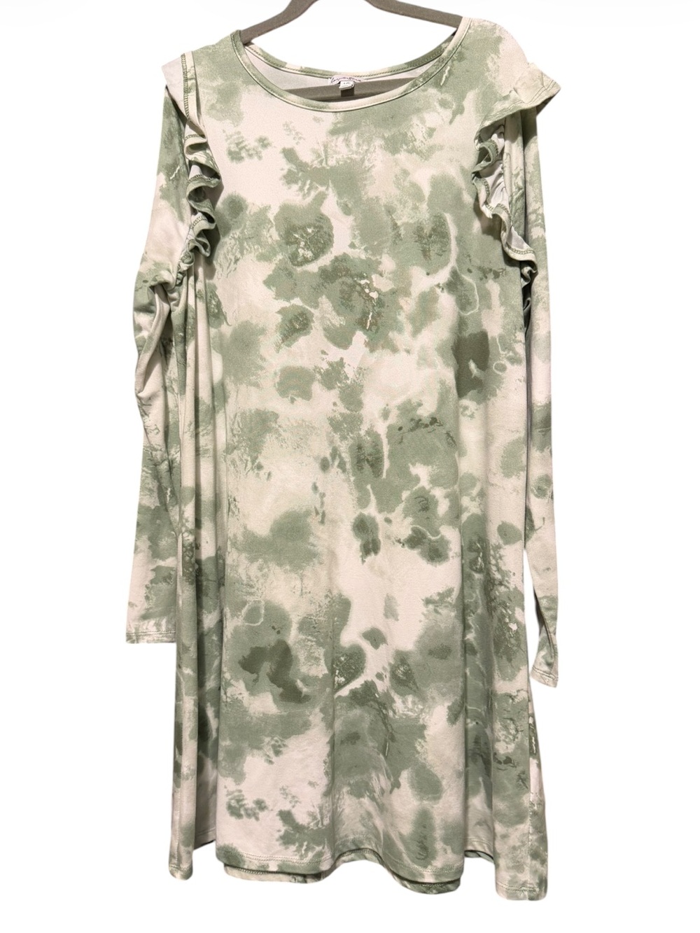 love, Fire Sage and Cream Tie-Dye Ruffle Long-Sleeve Dress Size Large